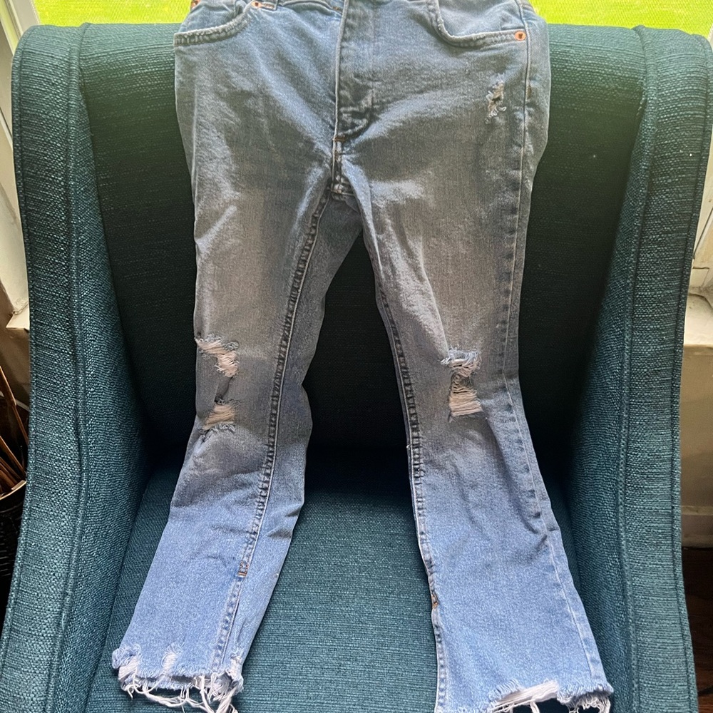 Zara Blue Flare Wide Leg Jeans with Distressed Details